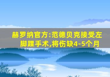 赫罗纳官方:范德贝克接受左脚踝手术,将伤缺4-5个月